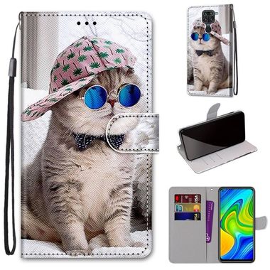 Peňaženkové kožené puzdro DRAWING na Xiaomi Redmi Note 9 - Slant Hat Blue Mirror Cat