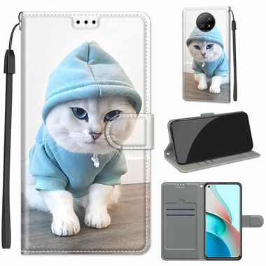 Peňaženkové kožené puzdro DRAWING na Xiaomi Redmi Note 9T - Blue Sweater White Cat