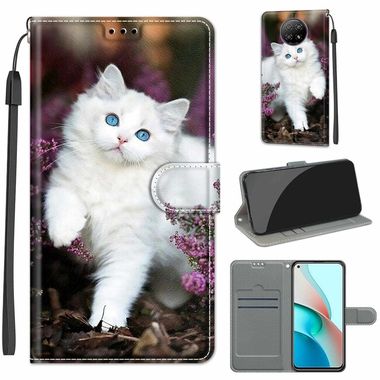 Peňaženkové kožené puzdro DRAWING na Xiaomi Redmi Note 9T - Flower Bush Big White Cat