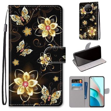 Peňaženkové kožené puzdro DRAWING na Xiaomi Redmi Note 9T - Gold Diamond Butterfly