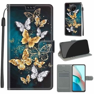 Peňaženkové kožené puzdro DRAWING na Xiaomi Redmi Note 9T - Gold Silver Flying Butterflies