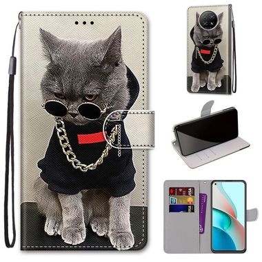 Peňaženkové kožené puzdro DRAWING na Xiaomi Redmi Note 9T - Golden Chain Grey Cat