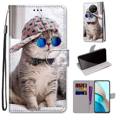 Peňaženkové kožené puzdro DRAWING na Xiaomi Redmi Note 9T - Slant Hat Blue Mirror Cat