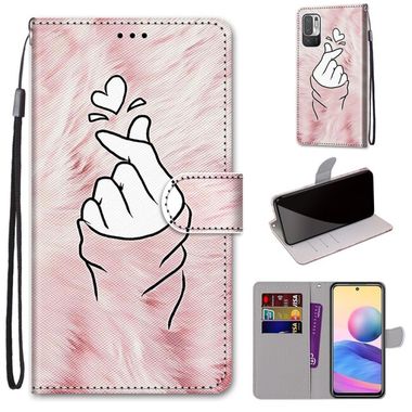 Peňaženkové kožené puzdro DRAWING na Xiaomi Redmi Note 10 5G - Pink Hands Heart