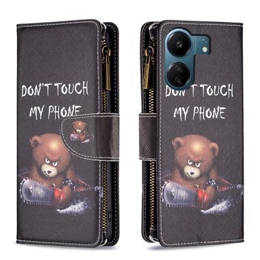 Peňaženkové kožené puzdro Drawing Zipper na Xiaomi Redmi 13C - Medveď