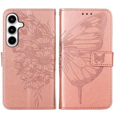 Peňaženkové kožené puzdro Embossed Butterfly na Galaxy A35 5G - Ružovo zlatá