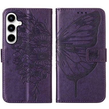 Peňaženkové kožené puzdro Embossed Butterfly na Galaxy A35 5G - Tmavo fialová