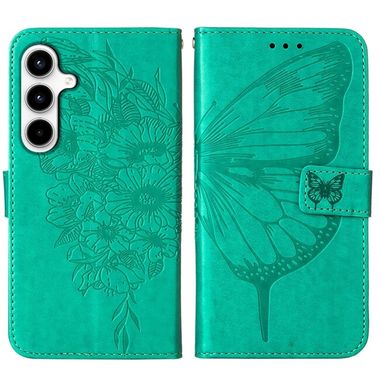Peňaženkové kožené puzdro Embossed Butterfly na Galaxy A35 5G - Zelená