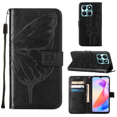 Peňaženkové kožené puzdro Embossed Butterfly na Honor X6a - Čierna