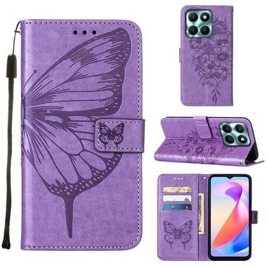 Peňaženkové kožené puzdro Embossed Butterfly na Honor X6a - Fialová