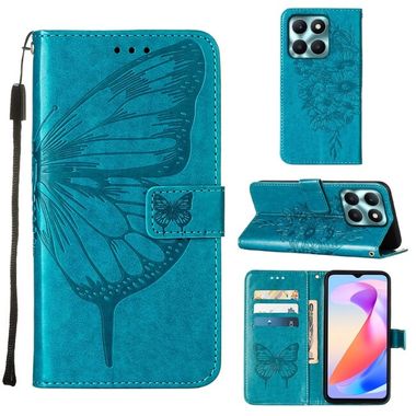 Peňaženkové kožené puzdro Embossed Butterfly na Honor X6a - Modrá