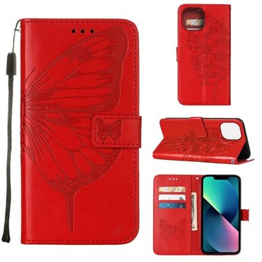 Peňaženkové kožené puzdro Embossed Butterfly na iPhone 14 - Červená
