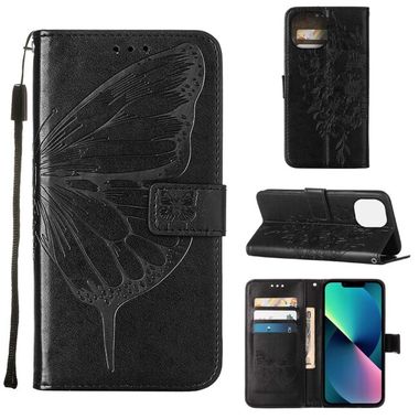 Peňaženkové kožené puzdro Embossed Butterfly na iPhone 14 - Čierna