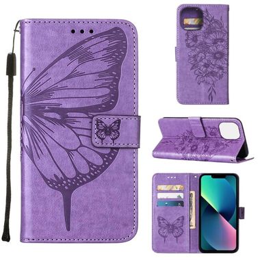Peňaženkové kožené puzdro Embossed Butterfly na iPhone 14 - Svetlofialová