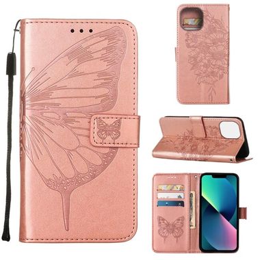 Peňaženkové kožené puzdro Embossed Butterfly na iPhone 14 - Ružovozlatá