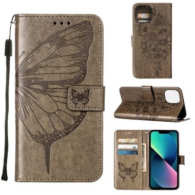 Peňaženkové kožené puzdro Embossed Butterfly na iPhone 14 - Šedá