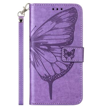Peňaženkové kožené puzdro Embossed Butterfly na Moto E32 - Fialová