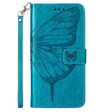 Peňaženkové kožené puzdro Embossed Butterfly na Moto E32 - Modrá