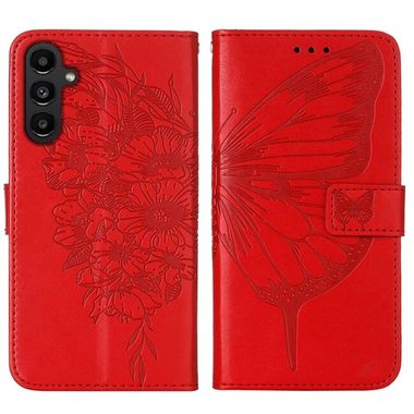 Peňaženkové kožené puzdro Embossed Butterfly na Samsung Galaxy A05s - Červená