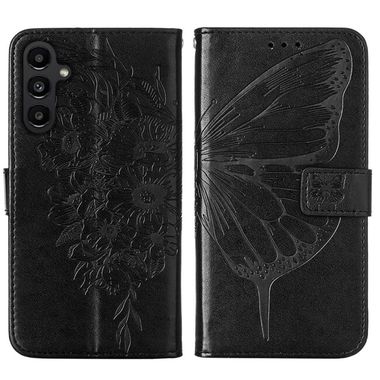 Peňaženkové kožené puzdro Embossed Butterfly na Samsung Galaxy A05s - Čierna