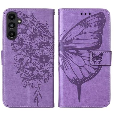 Peňaženkové kožené puzdro Embossed Butterfly na Samsung Galaxy A05s - Fialová