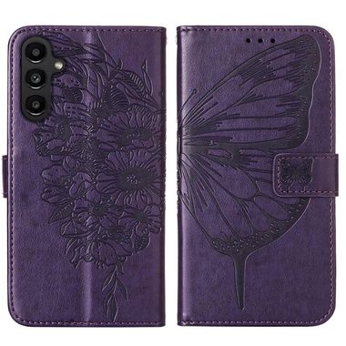Peňaženkové kožené puzdro Embossed Butterfly na Samsung Galaxy A05s - Tmavo fialová