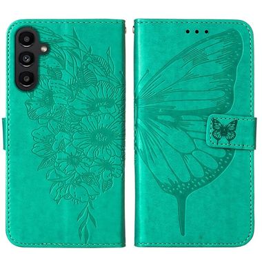 Peňaženkové kožené puzdro Embossed Butterfly na Samsung Galaxy A05s - Zelená