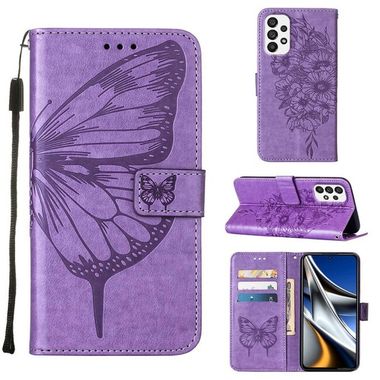 Peňaženkové kožené puzdro Embossed Butterfly na Samsung Galaxy A73 5G - Svetlo fialová