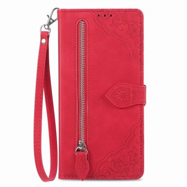 Peňaženkové kožené puzdro Embossed Flower Zipper na Moto G54 5G / G54 5G Power Edition - Červená