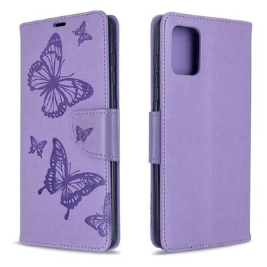 Peňaženkové kožené puzdro Embossing Two Butterflies na Samsung Galaxy A71 - fialové