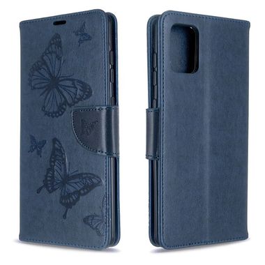 Peňaženkové kožené puzdro Embossing Two Butterflies na Samsung Galaxy A71 - Modrá