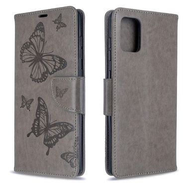 Peňaženkové kožené puzdro Embossing Two Butterflies na Samsung Galaxy A71 - Sivá