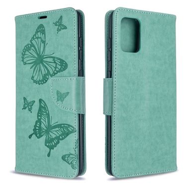 Peňaženkové kožené puzdro Embossing Two Butterflies na Samsung Galaxy A71 - Zelená