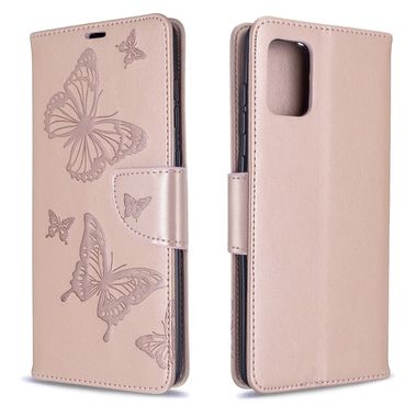 Peňaženkové kožené puzdro Embossing Two Butterflies na Samsung Galaxy A71 - zlaté