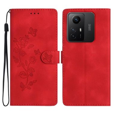 Peňaženkové kožené puzdro Flower Butterfly na Xiaomi Redmi Note 12S - Červená