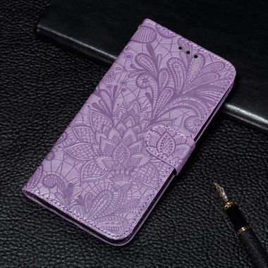Peňaženkové kožené puzdro FLOWER na Samsung Galaxy A22 4G - Fialová