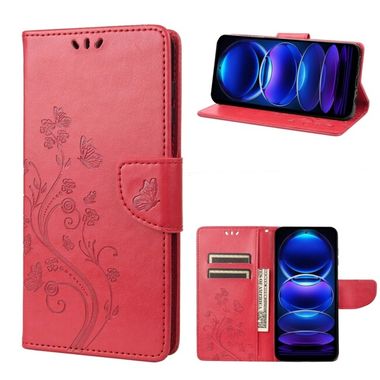 Peňaženkové kožené puzdro BUTTERFLY FLOWER na Xiaomi Redmi Note 12 5G – Červená