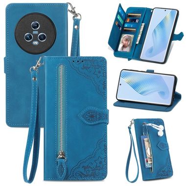 Peňaženkové kožené puzdro Flower Zipper na Honor Magic5 - Modrá