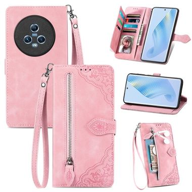 Peňaženkové kožené puzdro Flower Zipper na Honor Magic5 - Ružová