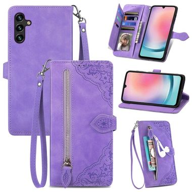 Peňaženkové kožené puzdro Flower Zipper na Samsung Galaxy A24 - Fialová