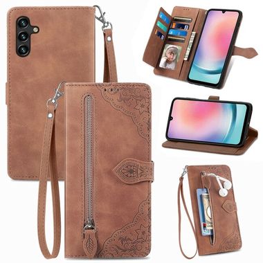 Peňaženkové kožené puzdro Flower Zipper na Samsung Galaxy A24 - Hnedá