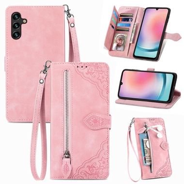 Peňaženkové kožené puzdro Flower Zipper na Samsung Galaxy A24 - Ružová