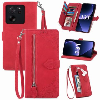 Peňaženkové kožené puzdro Flower Zipper na Xiaomi 13T / 13T Pro - Červená