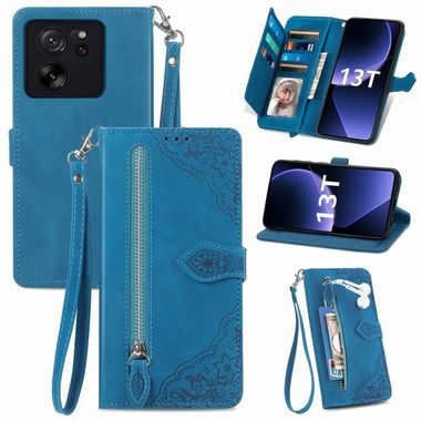 Peňaženkové kožené puzdro Flower Zipper na Xiaomi 13T / 13T Pro - Modrá