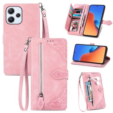 Peňaženkové kožené puzdro Flower Zipper na Xiaomi Redmi 12 - Ružová