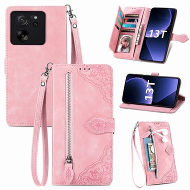 Peňaženkové kožené puzdro Flower Zipper na Xiaomi Redmi Note 13 Pro - Ružová