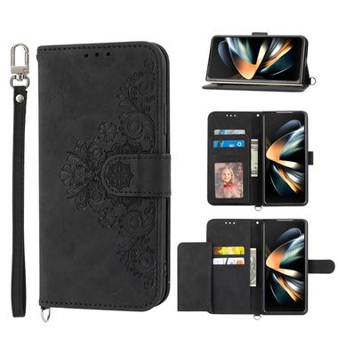 Peňaženkové kožené puzdro Flowers na Samsung Galaxy Z Fold4 - Čierna