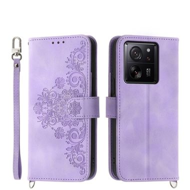 Peňaženkové kožené puzdro Flowers na Xiaomi 13T / 13T Pro – Fialová