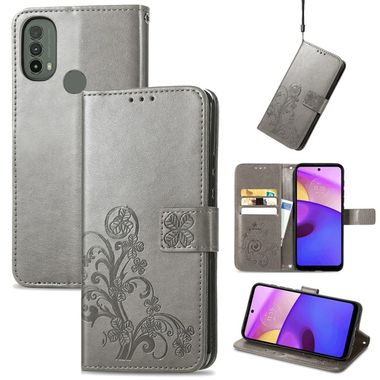Peňaženkové kožené puzdro Four-leaf Clasp na Motorola Moto E20 / E30 / E40 - Sivá