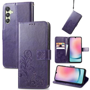 Peňaženkové kožené puzdro Four-leaf Clasp na Samsung Galaxy A25 5G -Fialová